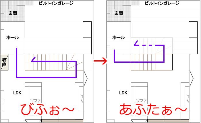 1階から見た階段びふぉ～あふたぁ～